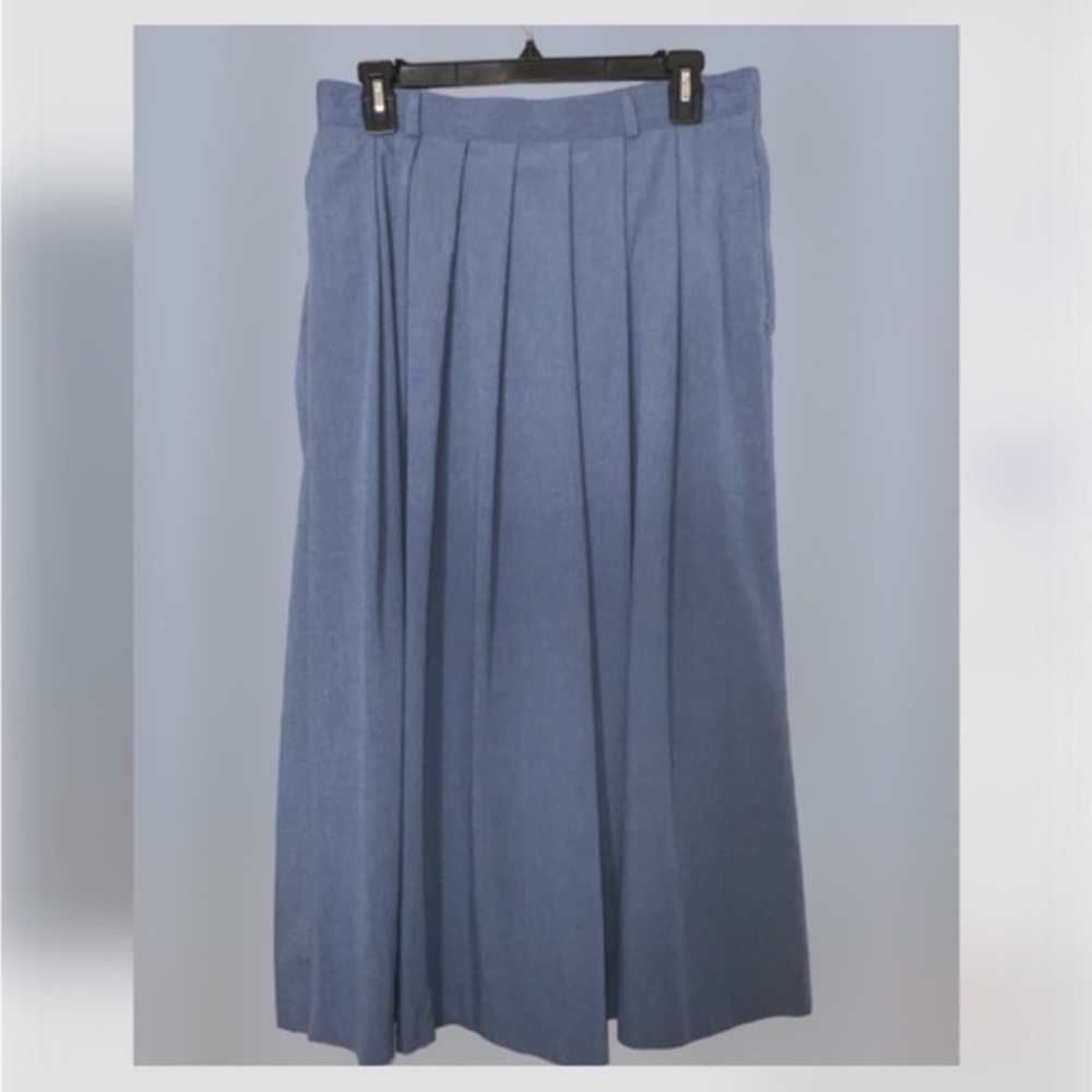 Briggs Vintage 80โs Retro Slate Blue Midi Full Skirt Pleated Front Pockets Sz 14